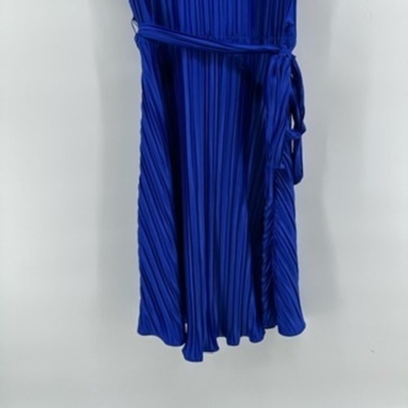 DKNY Royal Blue Pleated Midi Dress with Tie Belt Elegant Flutter Sleeve - Picture 2 of 12